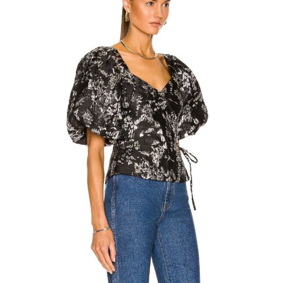 Jonathan Simkhai Women's Size 2 Black Metallic Taylor Wrap Top Puff Sleeve NWT - Picture 3 of 13